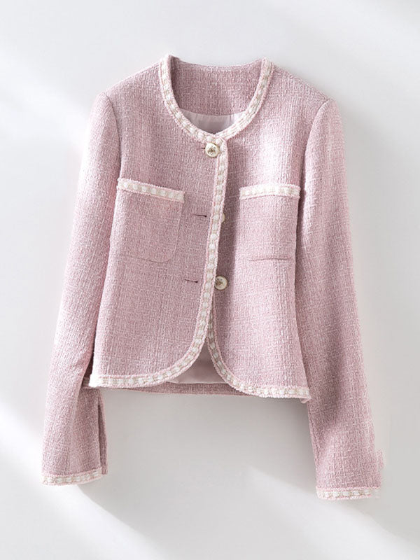 Buttoned Pockets Split-Joint Long Sleeves Loose Round-neck Outerwear