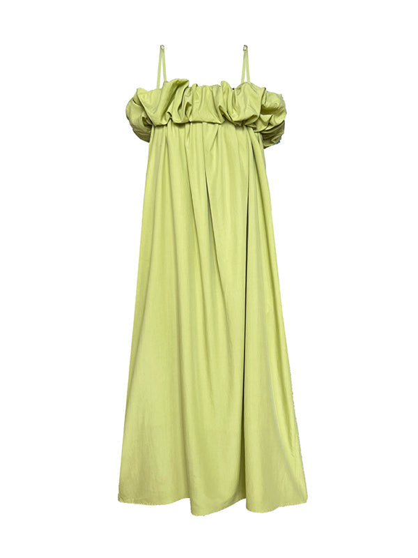 Elasticity Pleated Solid Color Split-Joint Loose Sleeveless Off-The-Shoulder Maxi Dresses