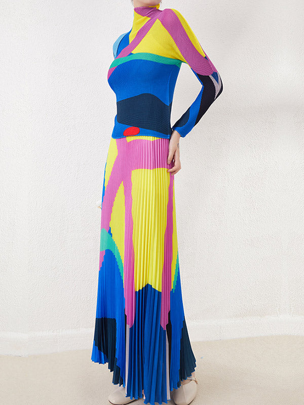 Contrast Color Pleated Long Sleeves Mock Neck T-Shirts Tops