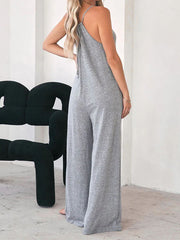 Pockets Solid Color Split-Joint Loose Sleeveless Round-Neck Jumpsuits