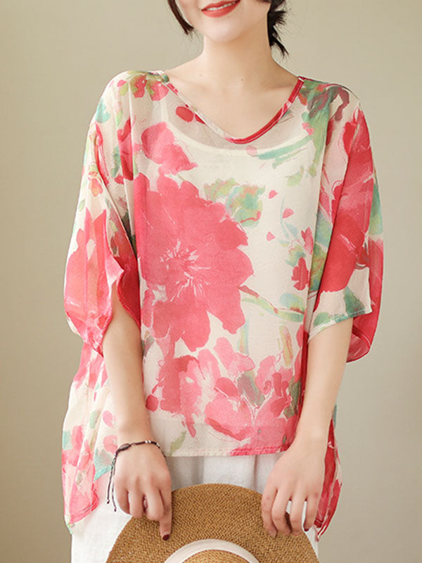 Floral Printed Loose Short Sleeves Round-neck T-shirts