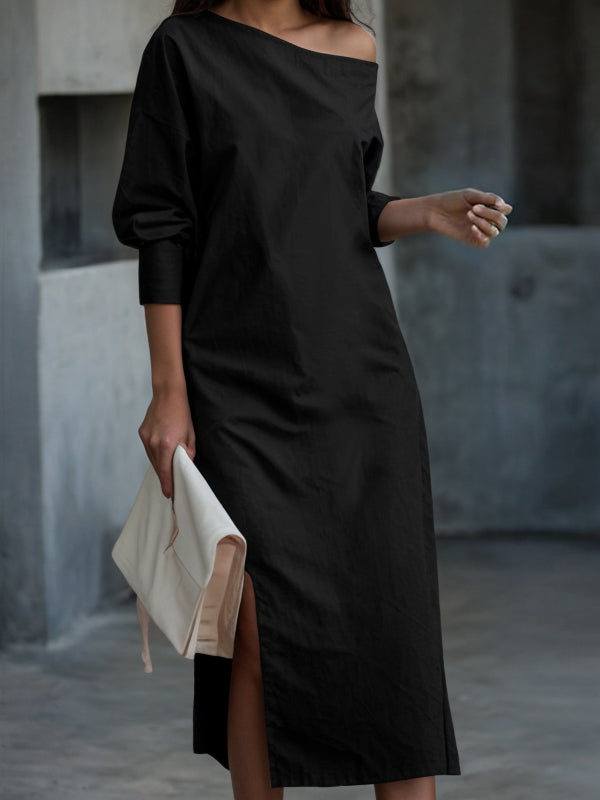 Solid Color Split-Side Long Sleeves Loose One-Shoulder Midi Dresses