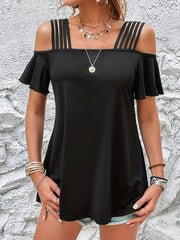 Solid Color Split-Joint Loose Ruffled Short Sleeves Cold shoulder T-Shirts Tops