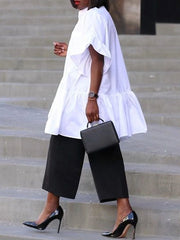 Buttoned Solid Color Tiered Flared Sleeves Stand Collar Blouses&shirts Tops