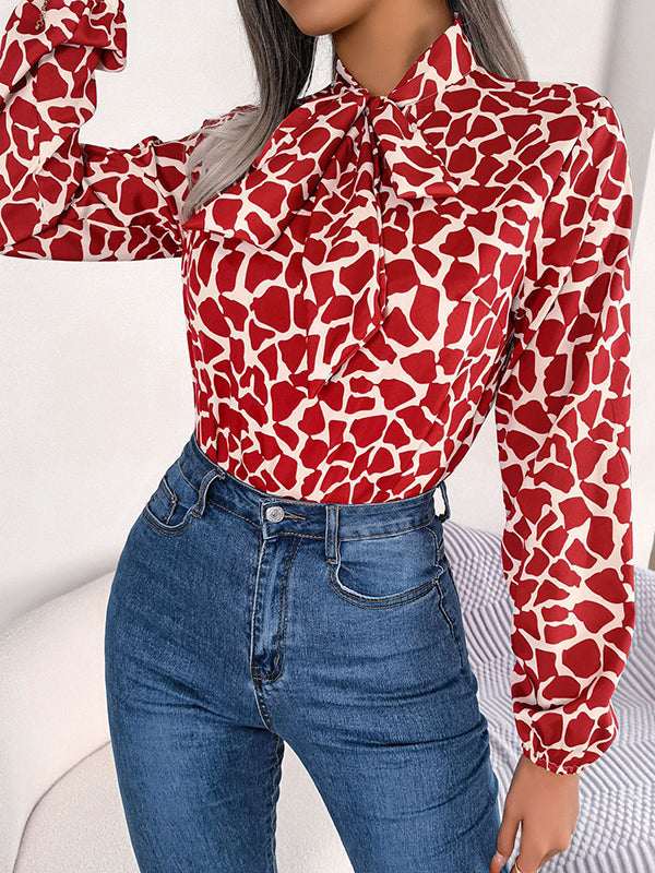 Bow-Embellished Elasticity Tied Bishop Sleeve Long Sleeves Mock Neck Blouses&Shirts Tops