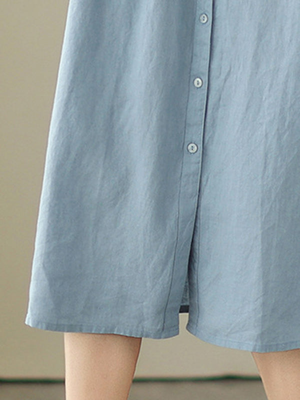 Buttoned Pleated Solid Color A-Line Sleeveless Round-Neck Midi Dresses