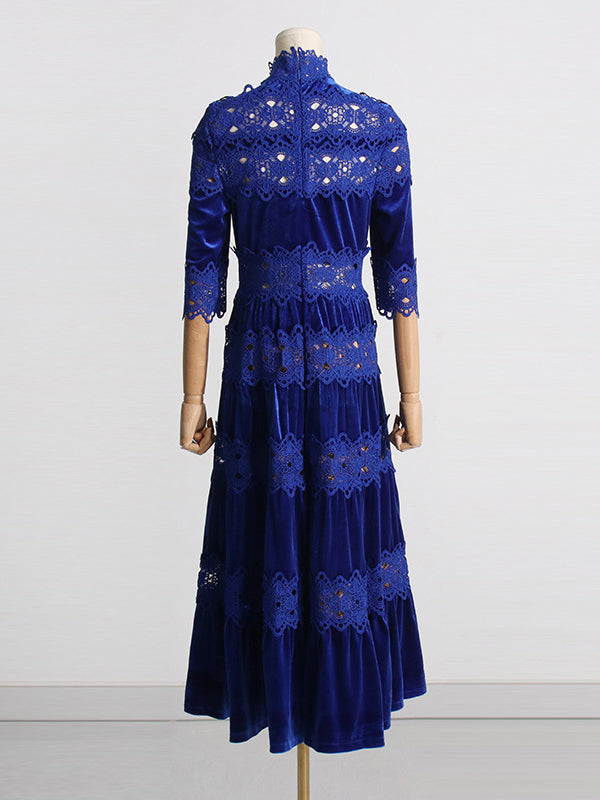 Embroidered Hollow Solid Color Split-Joint Half Sleeves High Waisted High Neck Maxi Dresses