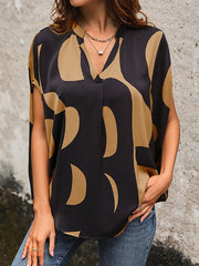 Printed Split-Joint Batwing Sleeves Loose V-Neck Blouses&Shirts Tops