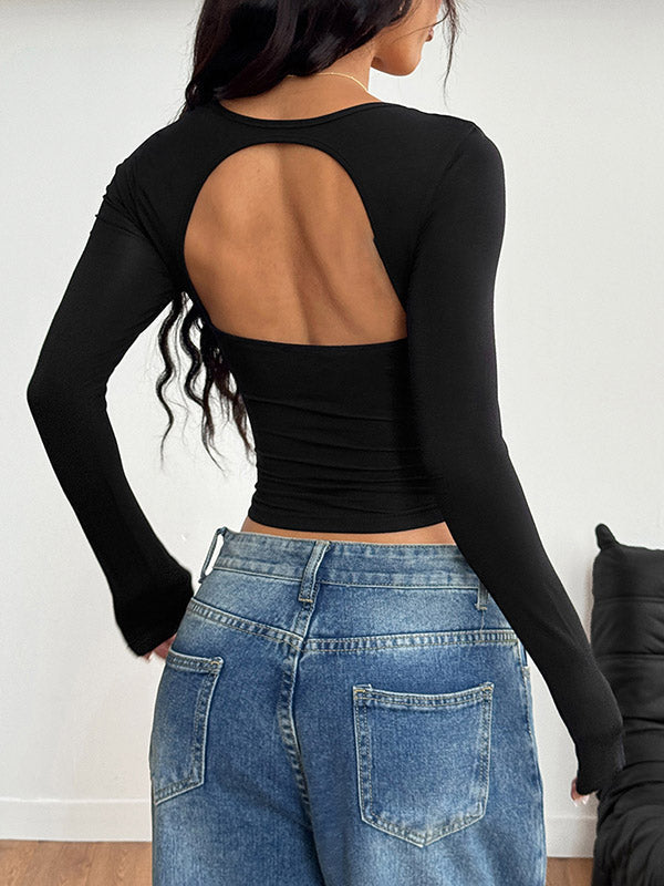 Backless Pleated Solid Color Long Sleeves Skinny Square-Neck T-Shirts Tops