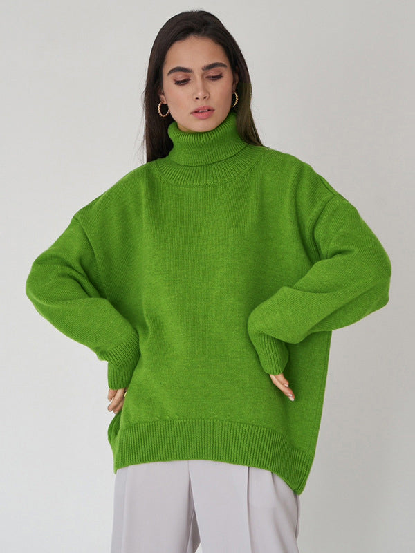 Casual Long Sleeves Loose Solid Color High-Neck Sweater Tops