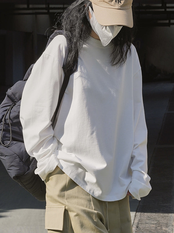 Casual Long Sleeves Loose Solid Color Round-Neck T-Shirts Tops