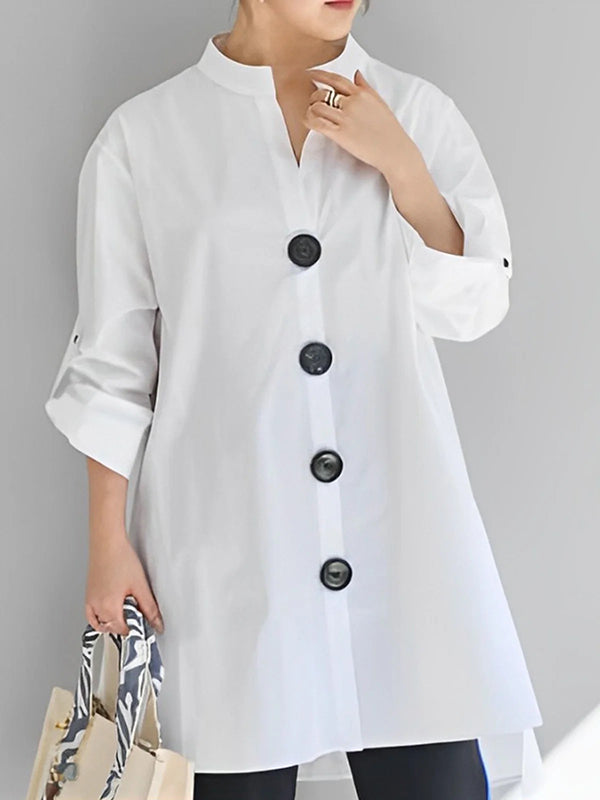 Buttoned High-Low Long Sleeves V-Neck Blouses&Shirts Tops
