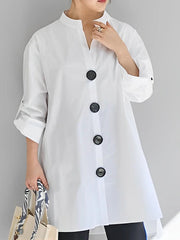 Buttoned High-Low Long Sleeves V-Neck Blouses&Shirts Tops