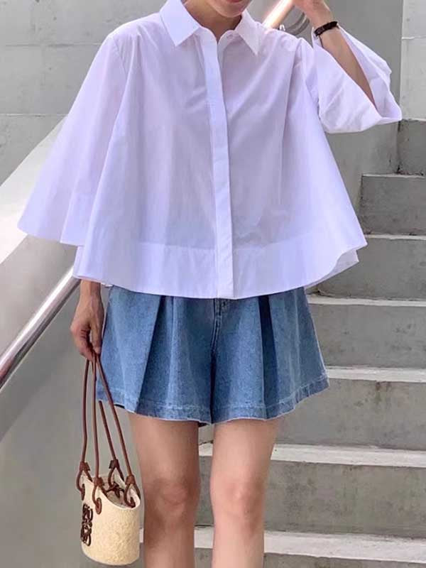 Buttoned Pleated Solid Color A-Line Flared Sleeves Lapel Blouses&Shirts Tops