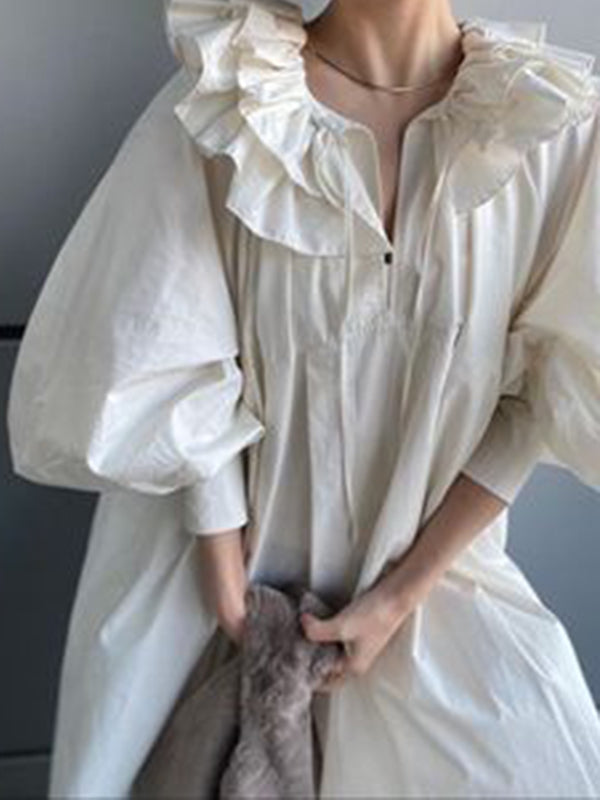 Pleated Solid Color Split-Joint Tiered Loose Puff Sleeves V-Neck Midi Dresses