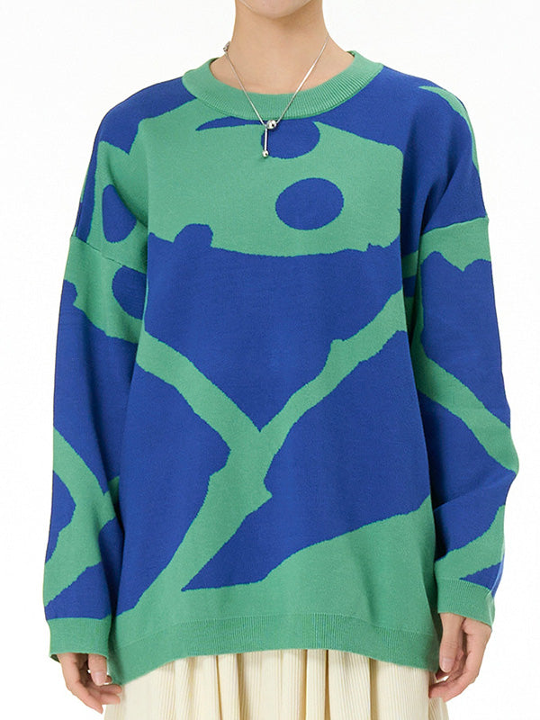 Contrast Color Velvet Long Sleeves Loose Round-Neck Sweater Tops Pullovers