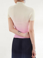 Gradient Pleated Short Sleeves Mock Neck T-Shirts Tops