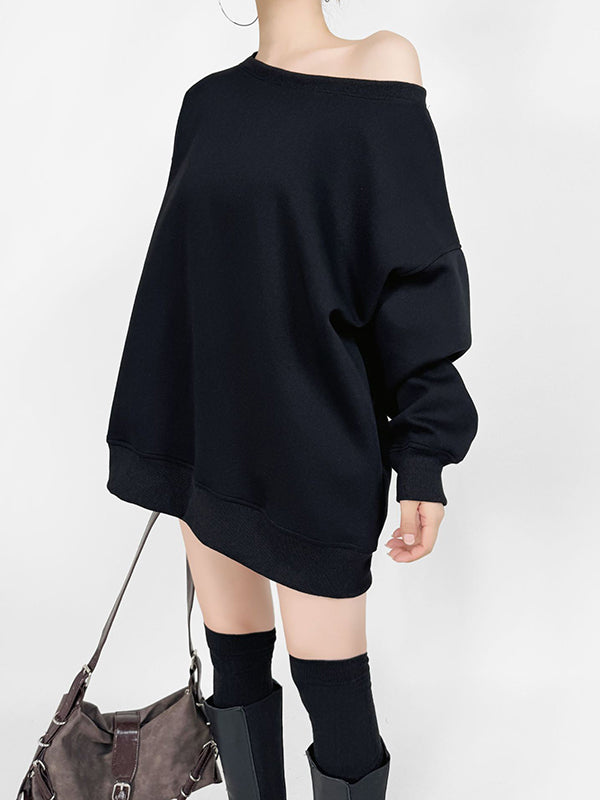 Solid Color Split-Joint Long Sleeves Loose Round-neck Sweatshirt Tops