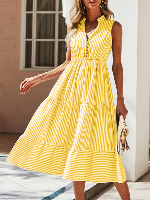 Buttoned Split-Joint Striped A-Line High Waisted V-Neck Midi Dresses