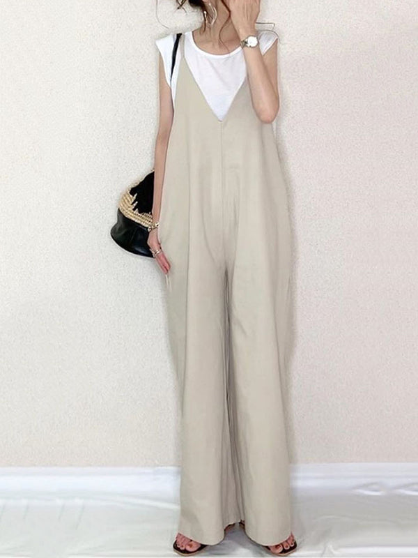 Solid Color Split-Joint Loose Sleeveless Spaghetti-Neck Overalls