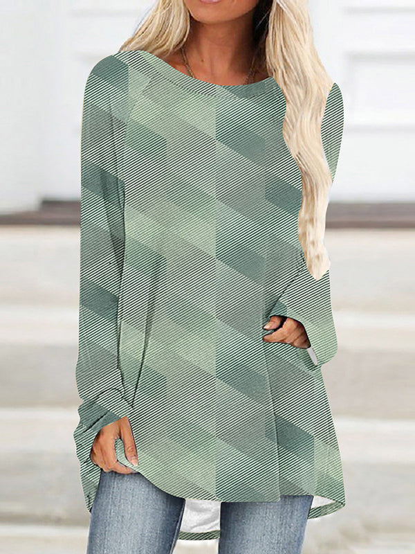 Printed High-low Long Sleeves Round-neck T-Shirts Tops