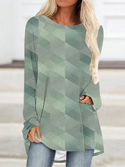 Printed High-low Long Sleeves Round-neck T-Shirts Tops