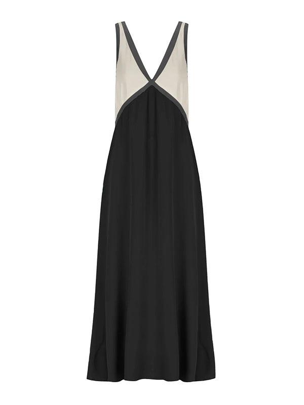 Contrast Color Split-Joint Loose Sleeveless Deep V-Neck Maxi Dresses