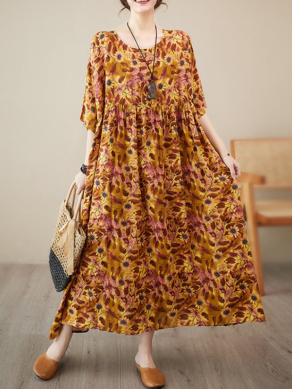 Pleated Split-Joint Batwing Sleeves Loose Round-Neck Midi Dresses