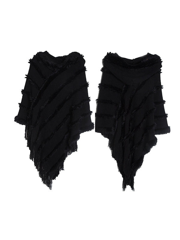 Hooded Keep Warm Solid Color Tasseled Shawl&Cloak Cape