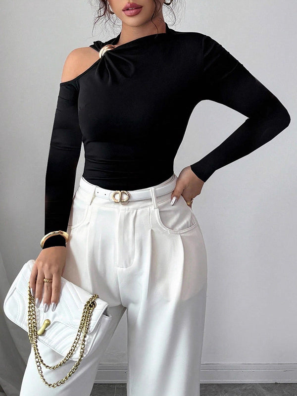 Asymmetric Solid Color Long Sleeves Skinny Asymmetric Neckline T-Shirts
