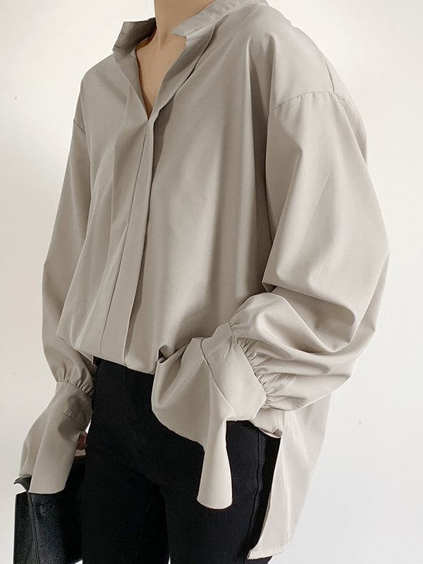 Solid Color Flared Sleeves High-low V-neck Blouses&shirts Tops
