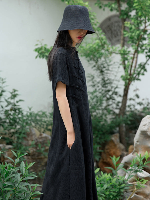 Frog Stand Collar Short Sleeve Loose Long Cheongsam