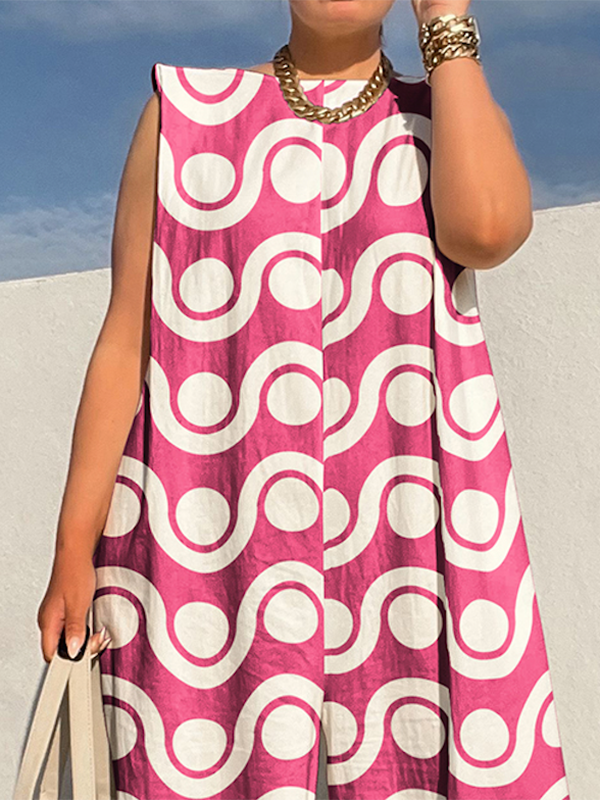 Loose Sleeveless Contrast Color Printed Round-Neck Jumpsuits