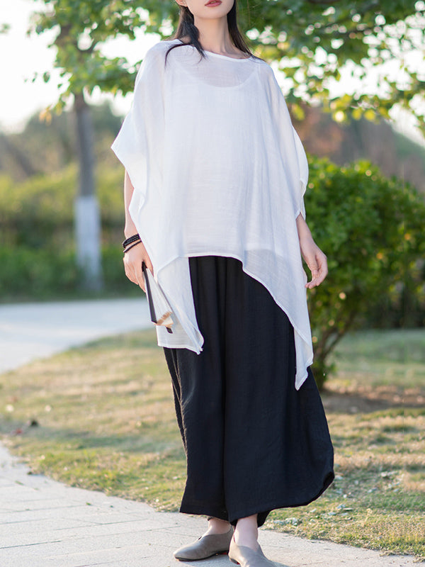 See-Through Solid Color Half Sleeves High-Low Round-Neck Blouses