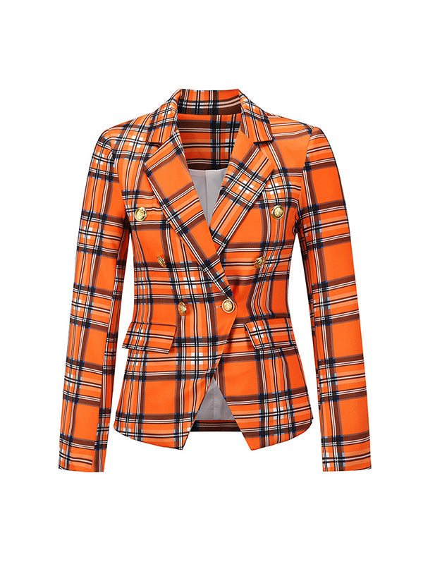 Buttoned Plaid Pockets Long Sleeves Loose Notched Collar Outerwear Blazer
