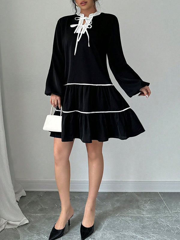 Elasticity Pleated Tied A-Line Long Sleeves V-Neck Mini Dresses