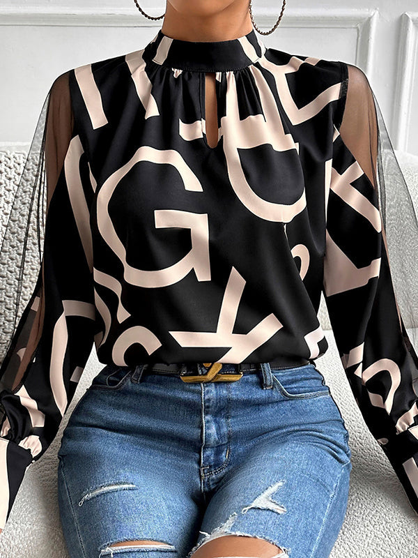 Hollow Letter Print Mesh See-Through Long Sleeves Round-neck Shirts Tops Blouses&shirts Tops
