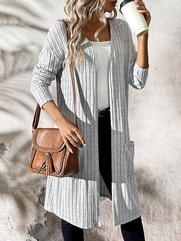 Pockets Solid Color Split-Joint Long Sleeves Loose Collarless Cardigan Tops