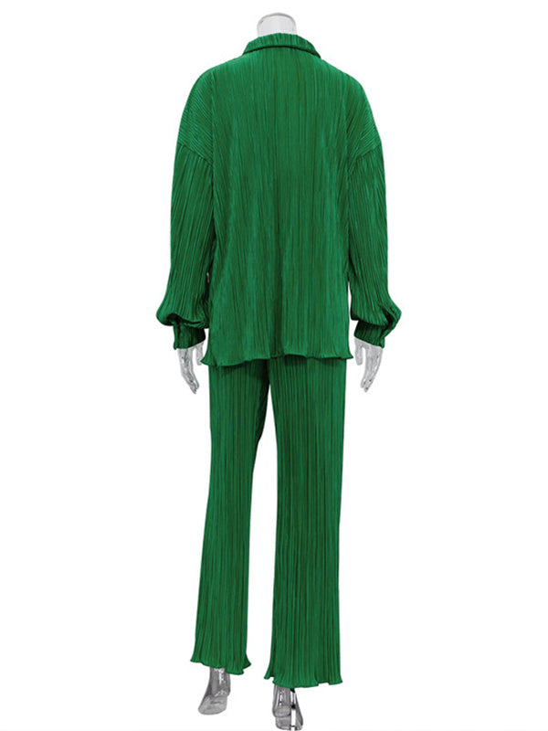 Loose Solid Color Pleated Blouse&Wide Legs Pants 2 Pieces Set