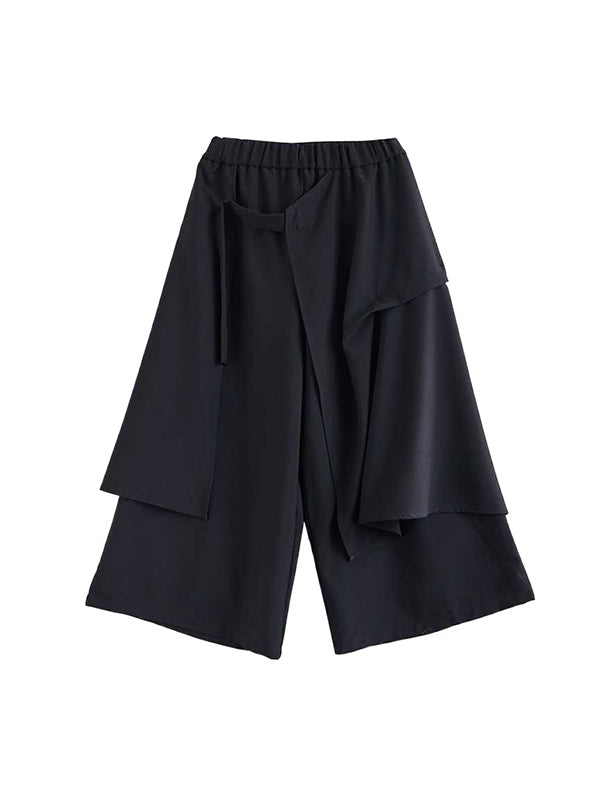 Elasticity Pockets Solid Color High Waisted Loose Trousers Ninth Pants