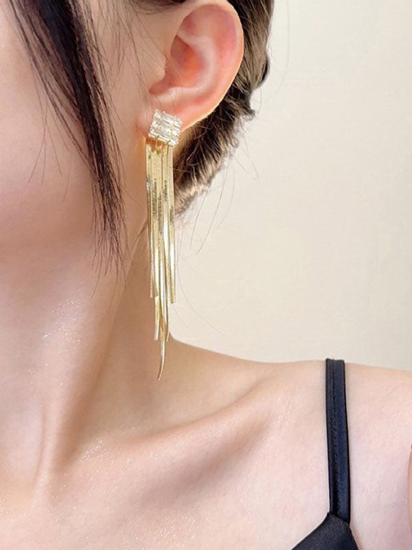 Geometric Rhine Stones Tasseled Drop Earrings