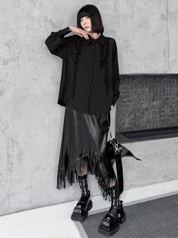 Buttoned Falbala Ruffled Solid Color Split-Joint Hipster Long Sleeves Lapel Blouses&shirts Tops