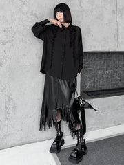 Buttoned Falbala Ruffled Solid Color Split-Joint Hipster Long Sleeves Lapel Blouses&shirts Tops