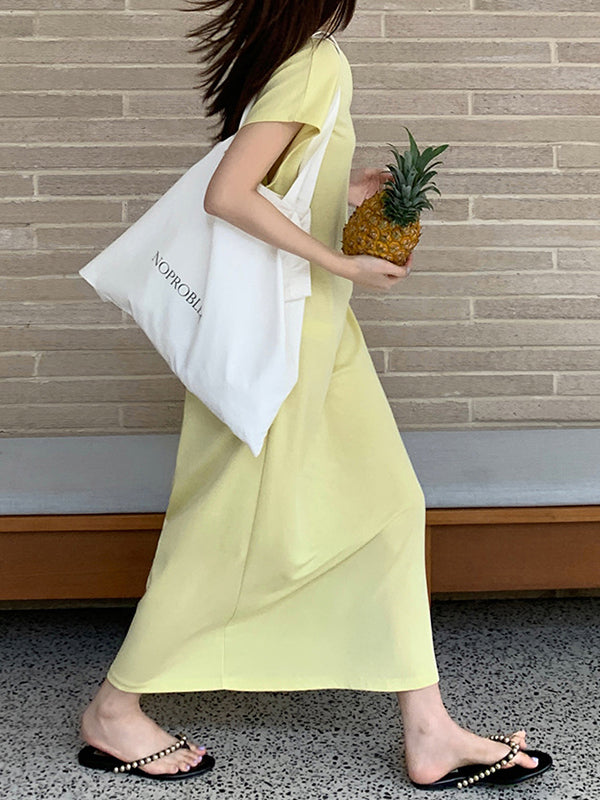 Solid Color Batwing Sleeves Loose V-neck Midi Dresses