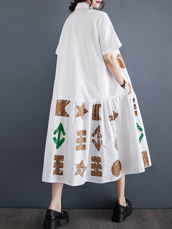 Buttoned Pleated Pockets Printed Split-Joint Loose Short Sleeves Lapel Shirt Dress Midi Dresses