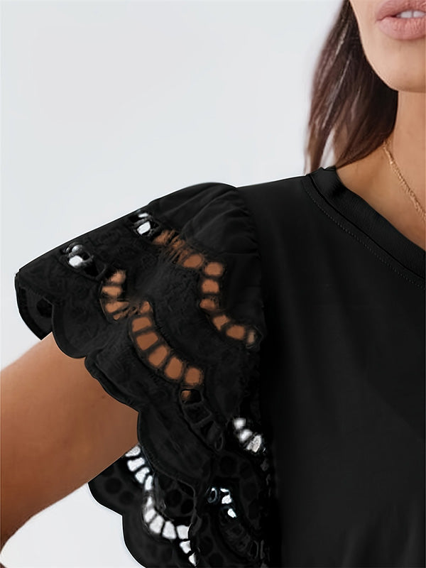 Hollow Pleated Solid Color Loose Ruffle Sleeves Round-Neck T-Shirts Tops