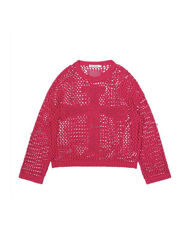 Hollow Solid Color Long Sleeves Loose Round-Neck Sweater Tops Pullovers Knitwear