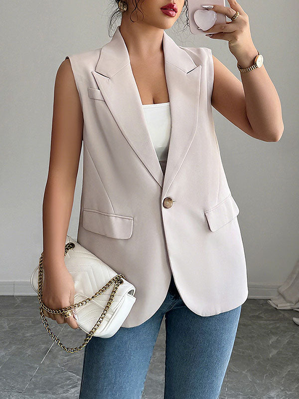Buttoned Pockets Loose Sleeveless Notched Collar Vest Top Blazer