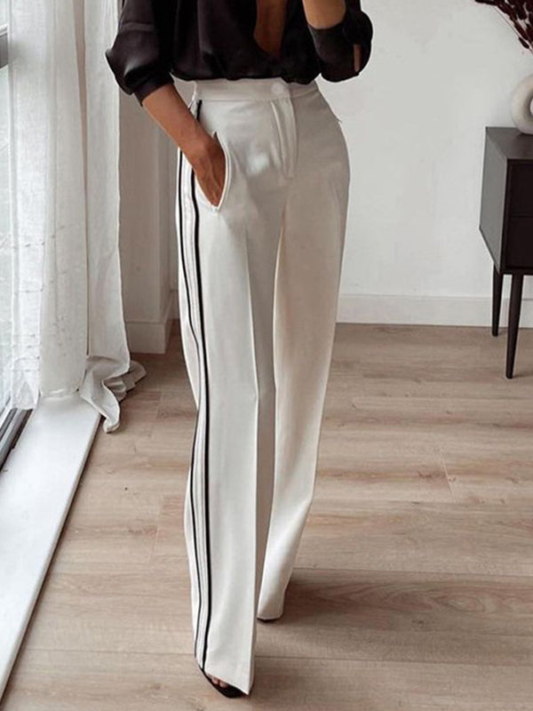 Pockets Striped High Waisted Loose Trousers Suit Pants