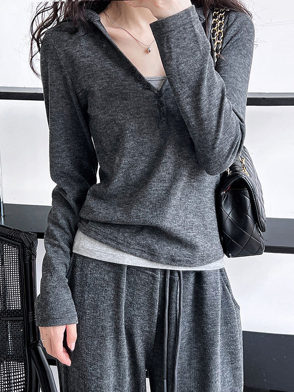 Buttoned Long Sleeves Hooded  T-Shirts Top + Vest Top + Wide Leg Drawstring Elasticity Pants Bottom Three Pieces Set